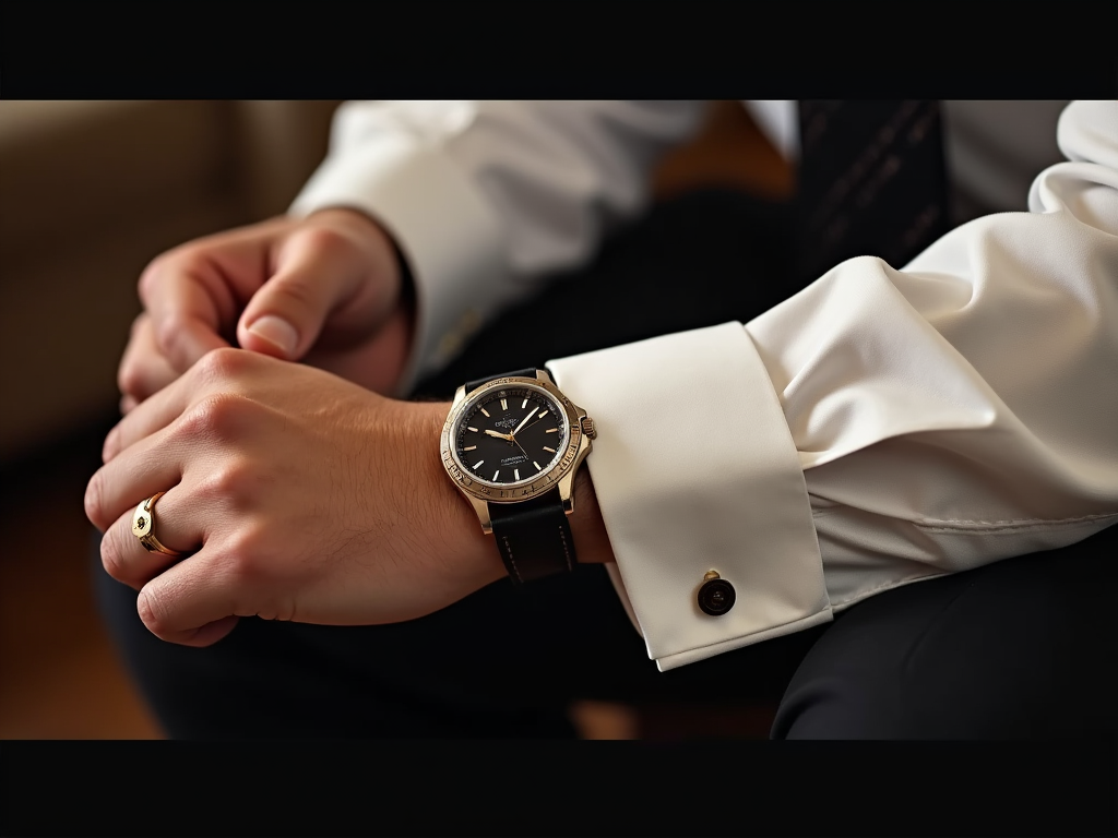 Close-up of a man's hands clasped, wearing a dress shirt, cufflinks, and an elegant wristwatch.