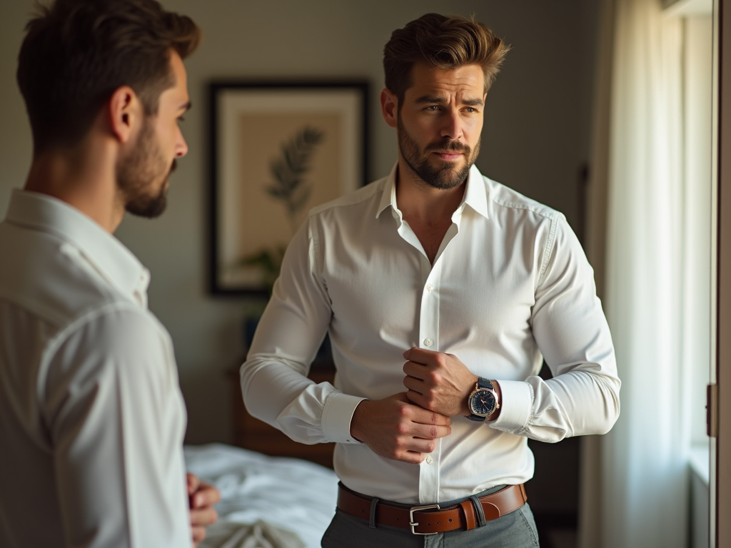 Man in white shirt adjusting cufflink, reflecting in mirror, bedroom setting.