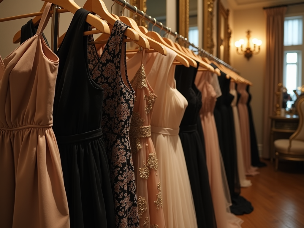 Elegant dresses hanging on a rack in a luxurious room with golden ornate mirrors.