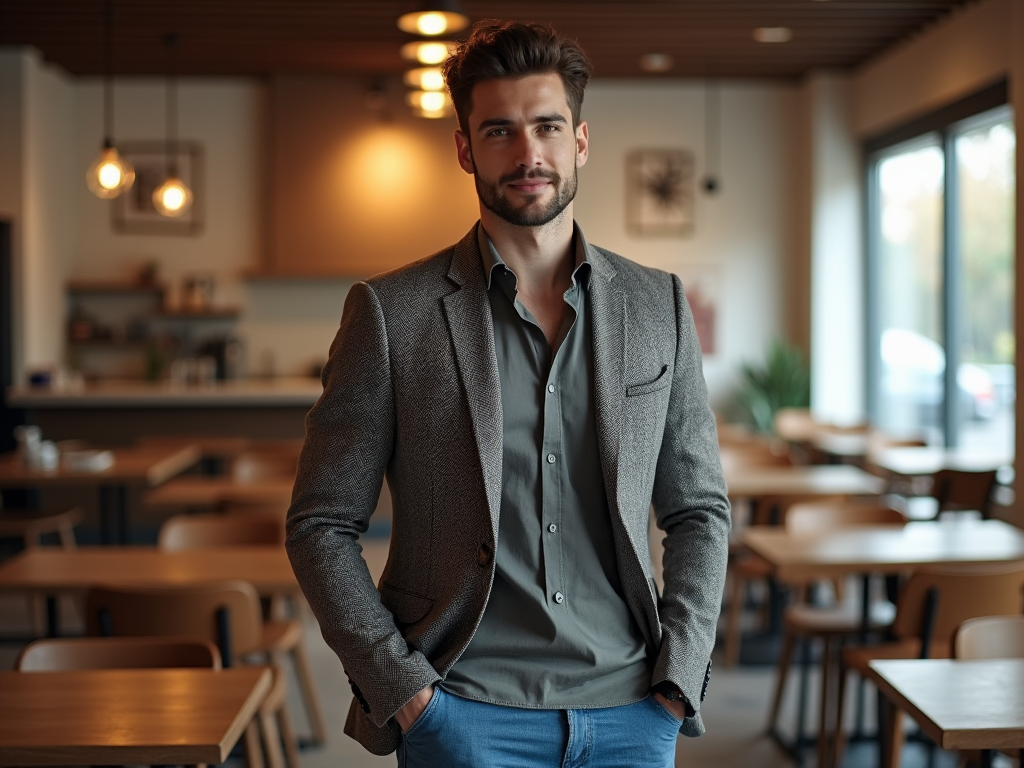 Confident young man standing in a stylish cafe with hands in pockets.