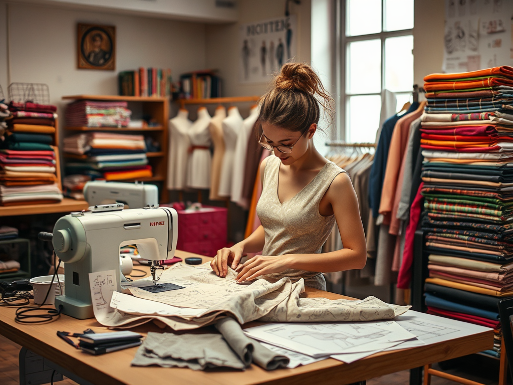 A young woman is sewing fabric at a table in a colorful fabric studio filled with shelves of textiles.