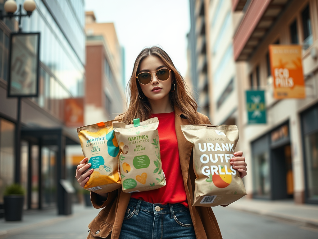 A stylish young woman holds two bags of snacks while standing in a modern street, wearing sunglasses and a red top.