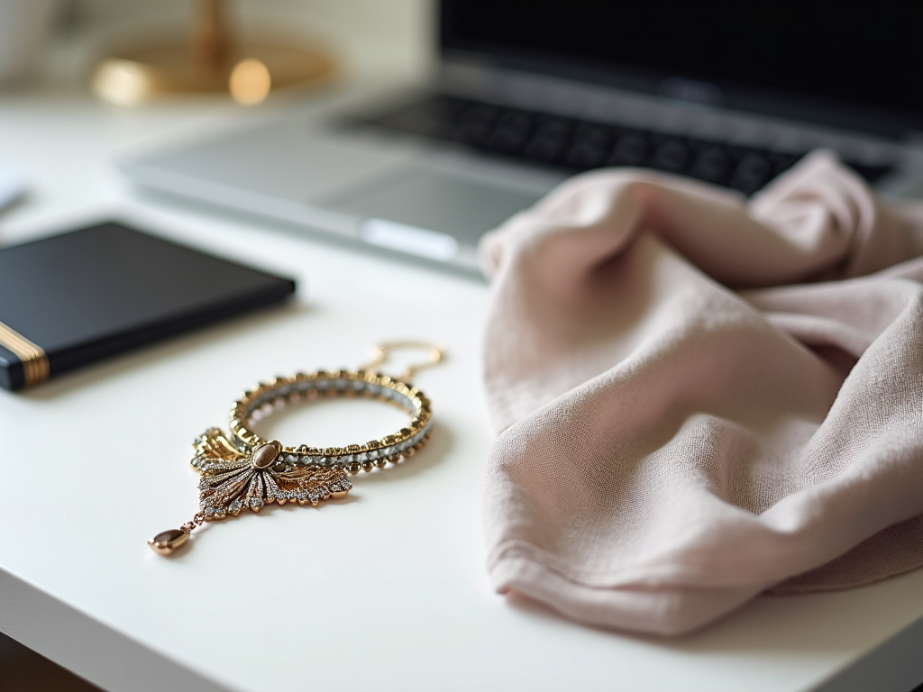 Elegant bracelets and a soft pink scarf on a white desk beside a laptop and notepad.