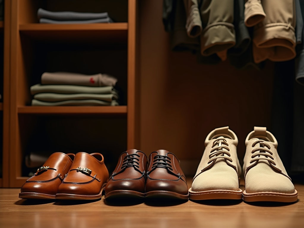 Three pairs of elegant men's shoes in front of a wooden wardrobe filled with clothes.