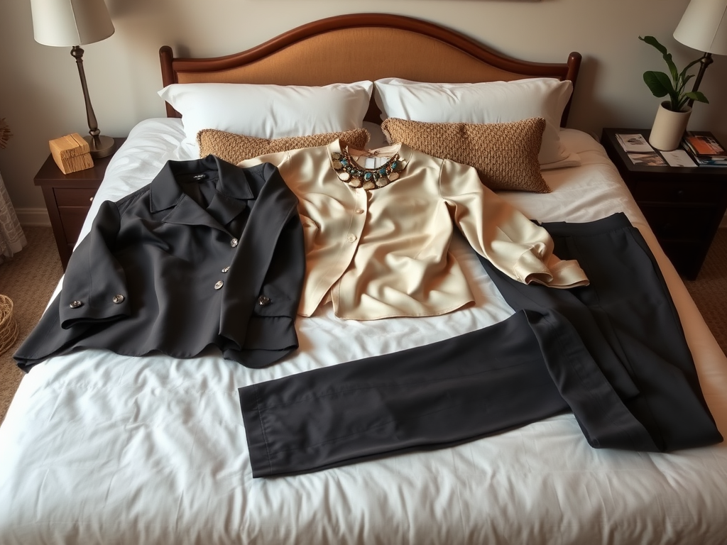 A black jacket, cream blouse, and black pants laid out on a bed, decorated with a bold necklace and cushions.