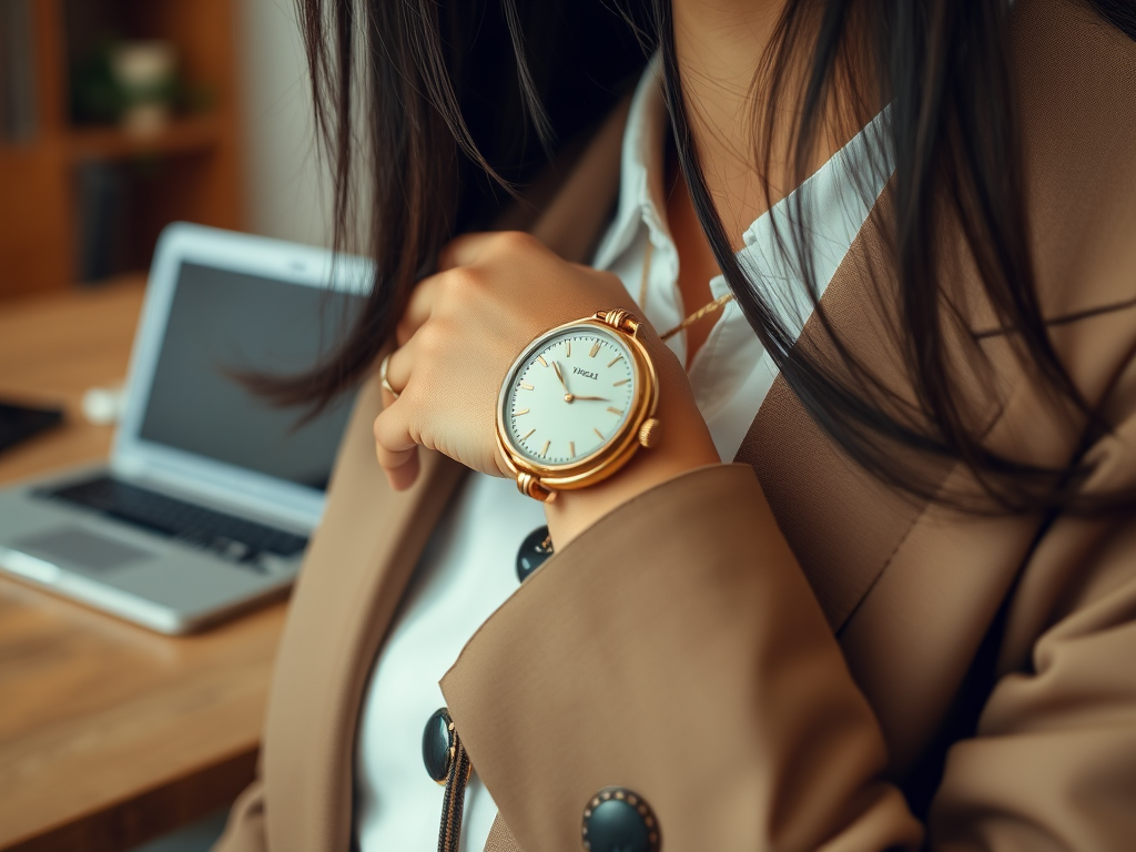 A person in a business suit is checking the time on a stylish gold watch, with a laptop in the background.